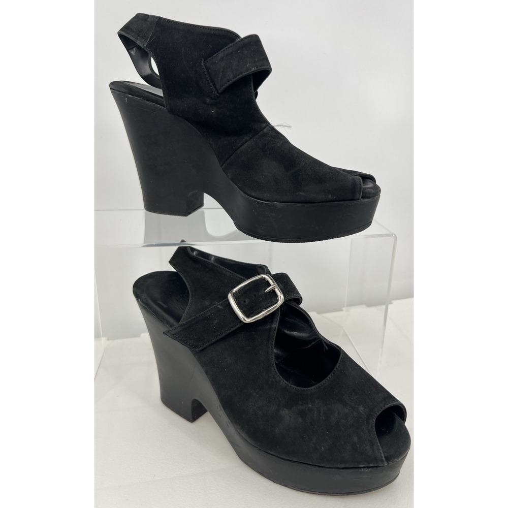Vintage Y2K 90s Steve Madden "Leah" Black Suede Open Toe Wedges‎ Size 5 Narrow